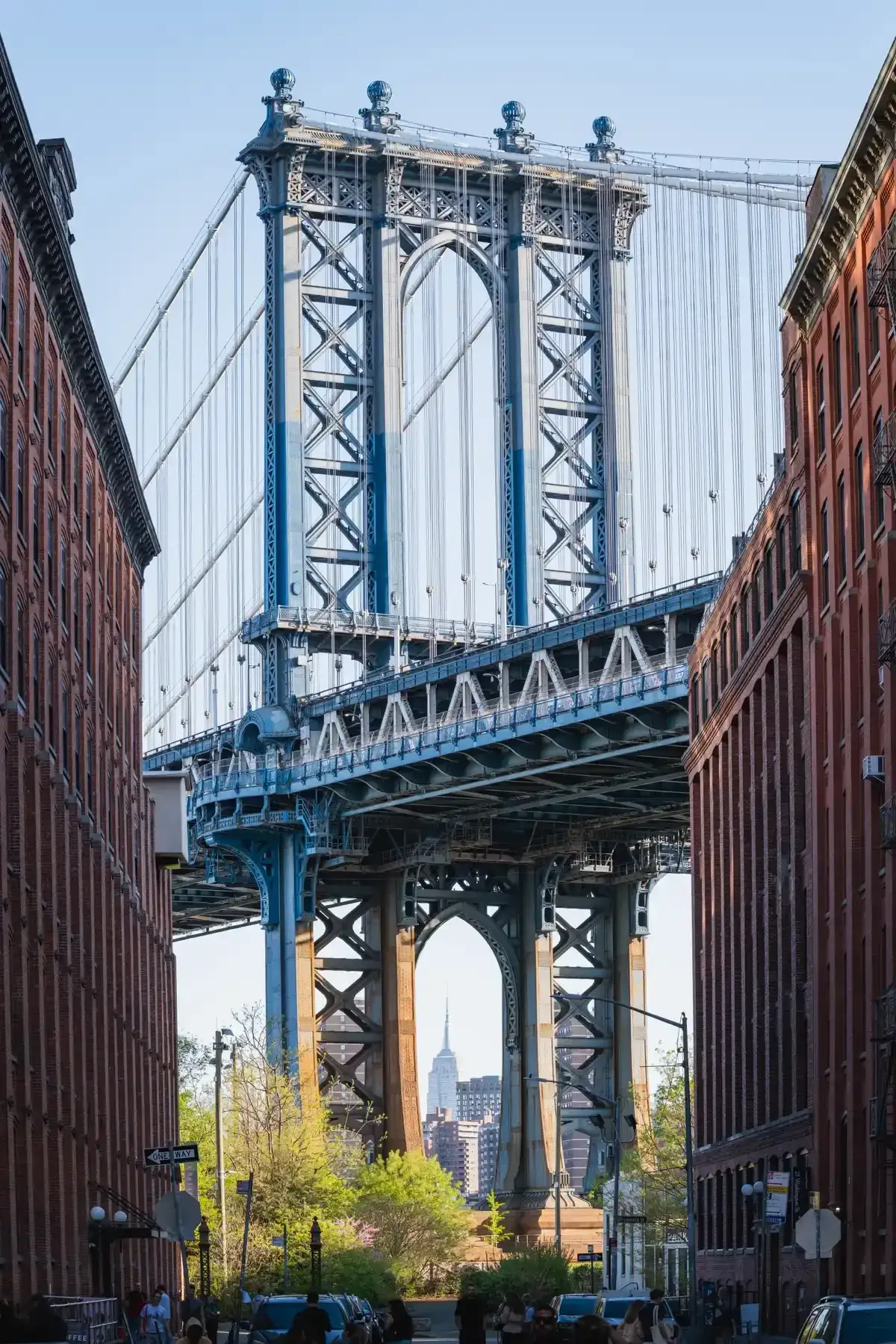 The Manhattan Bridge framed by Washington Street in DUMBO, the walking stop on a Brooklyn bus tour