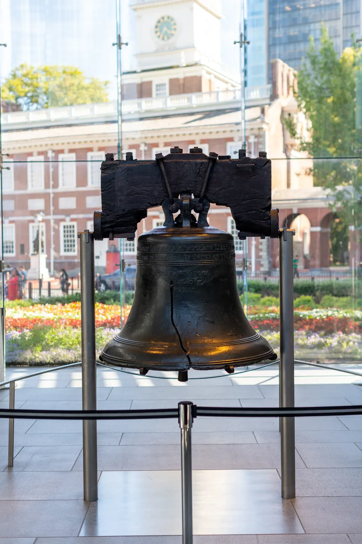 The Liberty Bell in front of Independence Hall in Philadelphia, a stop on a day trip by bus from NYC