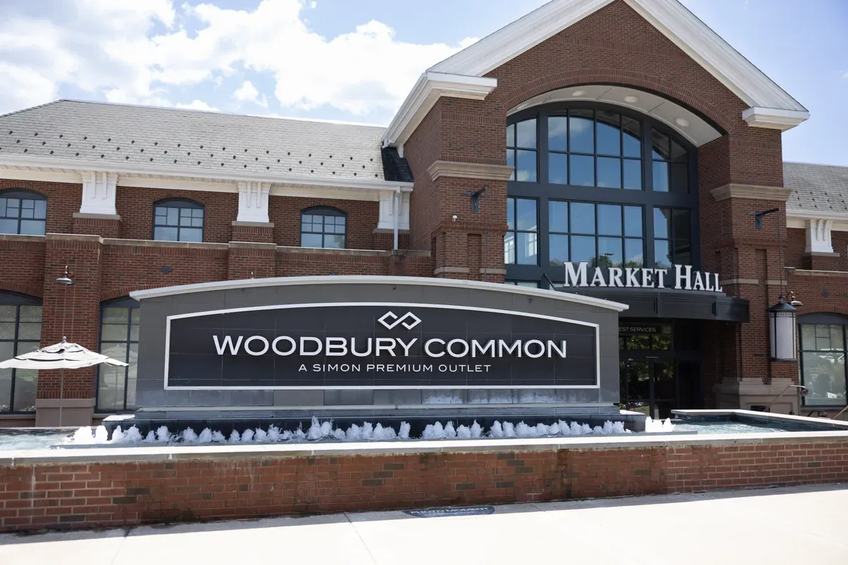 The Market Hall entrance at Woodbury Common Premium Outlets, the stop for the shopping bus from NYC